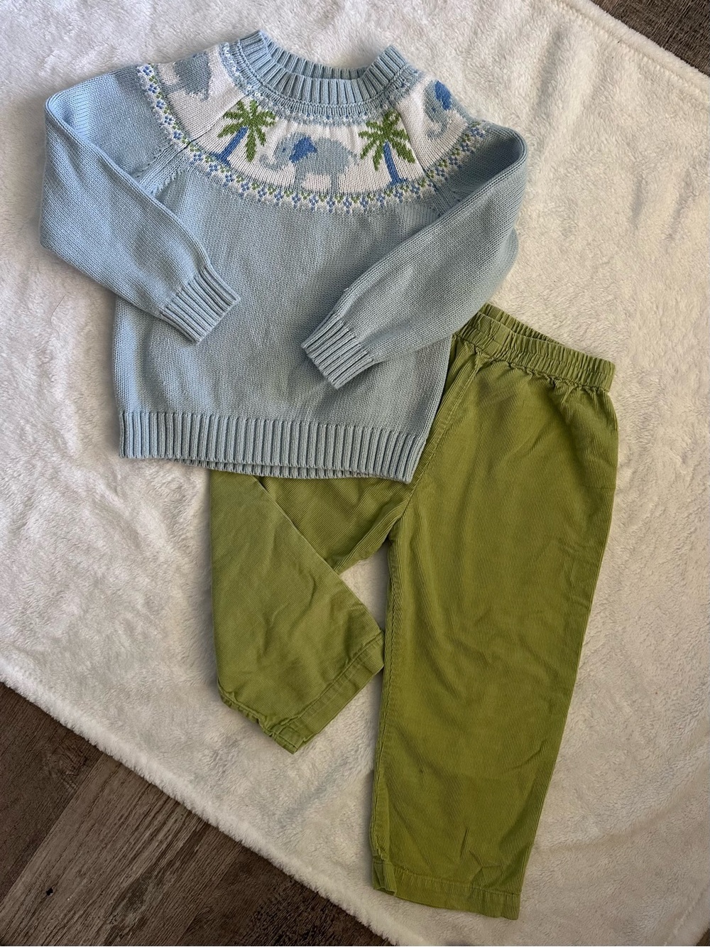 Little English Sky Blue Palm Tree Yoke Sweater and Orient Express Co. Pants